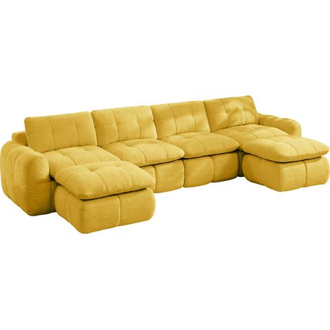 Modulares Sofa 4-Sitzer aus Chenille, Breite Tiefe Sitzfläche, Ohne Montage, mit 2 Ottomanen, Gelb (1/5)