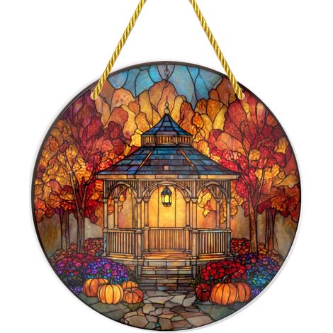 Gazebo avec lanterne et citrouilles, panneaux acryliques imprimés recto verso 20 x cm (1/5)