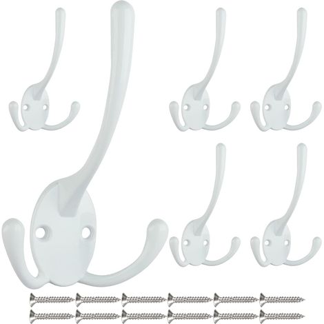 Lot de 6 grands crochets muraux robustes à trois broches avec 12 vis rétro doubles utilitaires rustiques pour manteau épais, grands sacs lourds (blanc)