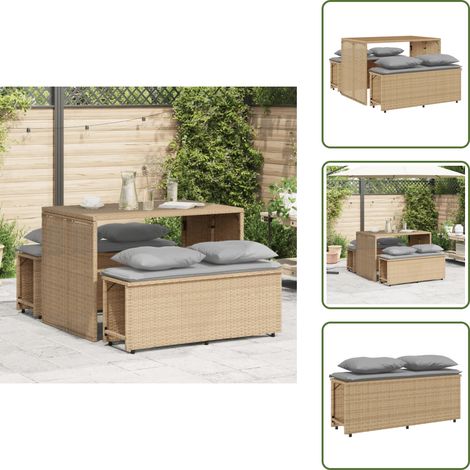 3-tlg. Garten-Essgruppe mit Kissen Beige Poly Rattan - Gartentisch - Gartenbank - Gartenmöbelset - Outdoor Essgruppe - Terrassenmöbel (1/5)