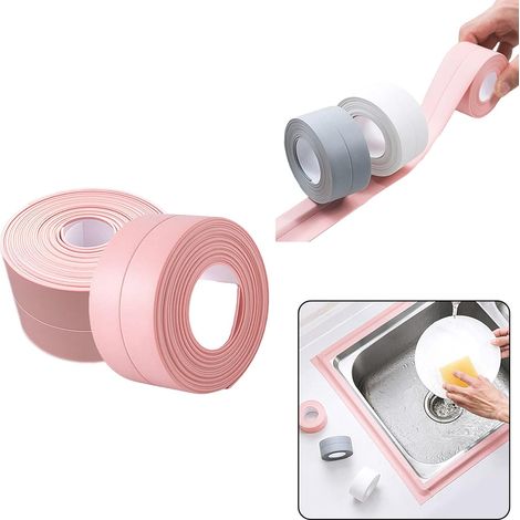 Lot de 2 rouleaux de ruban de calfeutrage autocollant imperméable pour comptoir de cuisine(3,8 cm x 3 m,rose), évier, toilettes, salle de bain, baignoire, sol et mur (1/5)
