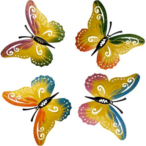 4 pièces de décoration florale en métal avec des fleurs, adaptées du jardin, sur la terrasse, du jardin, décoration papillon, pot floral (papillon fleurs) (1/4)