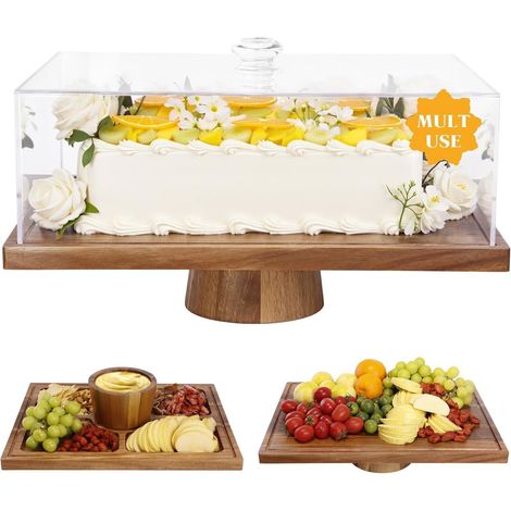 1 Présentoir à gâteaux, Plateau de service, Bois d'acacia, Couvercle acrylique, 43 cm, Pour desserts et fêtes (1/5)
