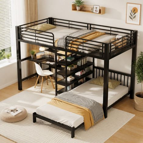 Lit Superposé 90x200cm - Lit Enfant Haut Métal avec Bureau Prises USB Rangement et Penderie Certifié EN747 - Noir (1/5)