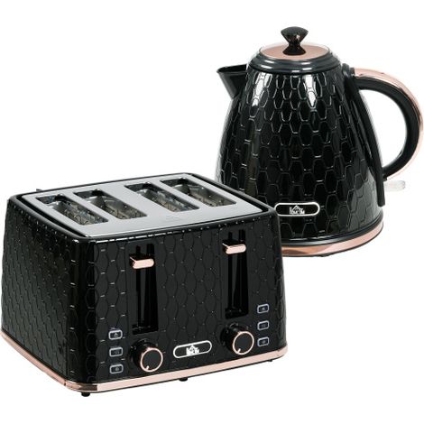 1.7L 3000W Fast Boil Kettle and 4 Slice Toaster Set with 7 Browning Settings and Crumb Tray in Black
