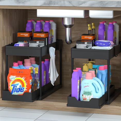 Lot de 2 Rangements Sous Évier à Tiroir Coulissant – Organisateur Cuisine & Salle de Bain – Gain de Place, Montage Facile, 8 Crochets Inclus – Meuble de Rangement Compact - Entreprise Française (1/5)