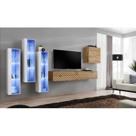 Ensemble de 5 meubles muraux "Switch XIII" pour TV en bois - Beige et Blanc - L 330 x H 160 x P 40 cm - Livraison gratuite