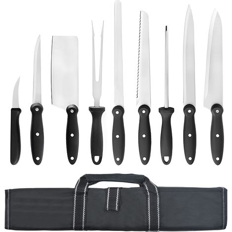 Set 9 Cuchillos de Cocina con Estuche Profesional de Acero Inoxidable Multiusos  Color: Negro