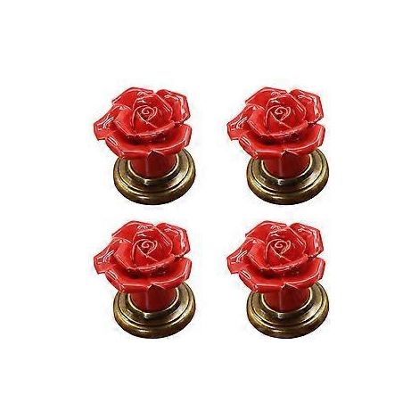 Lot de 4 poignées en céramique à motifs floraux artistiques pour armoires, penderies et commodes. Quincaillerie robuste en alliage de zinc. Décoration moderne rouge. (1/5)