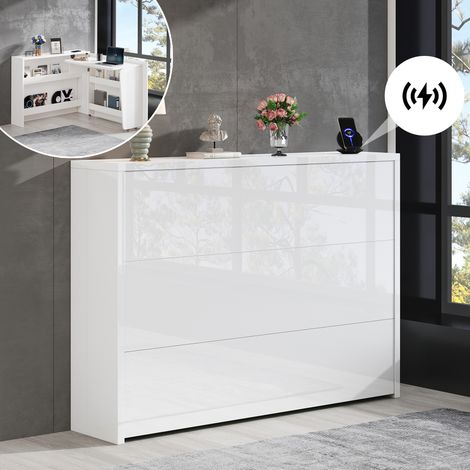 Bureau pliable blanc brillant avec chargeur sans fil, meuble rangement 2 en 1 et table travail roulettes freinées (1/5)
