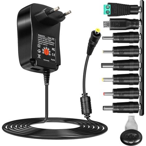 Chargeur Universel, 30W Adaptateur Secteur Universel AC-DC Adapter 12V 9V 7.5V 6V 5V 4.5V 3V Transformateur d'alimentation avec 8 Connecteurs DC pour électroniques (1/5)