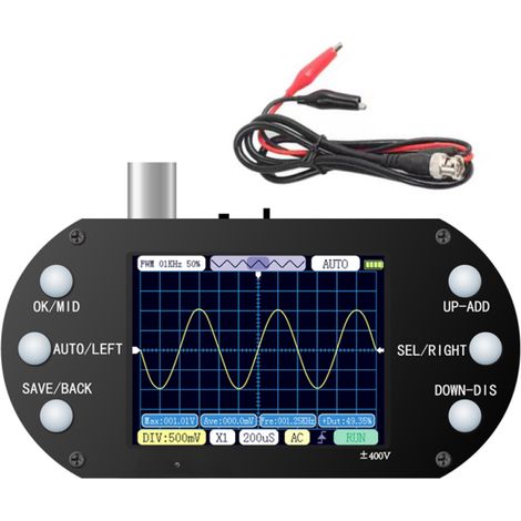 Oscilloscope portable, résolution 320 x 240, écran TFT 2,4 pouces, fréquence d'échantillonnage 2,5 MHz, bande passante 500 kHz. (1/5)