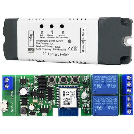 Module relais intelligent Tuya WiFi 2 canaux AC/DC 7-32V, contrôle à distance sans fil RF/APP pour la maison connectée, compatible avec Alexa et Google Home. (1/5)