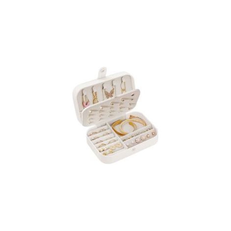 Schmuckkästchen für Damen, Schmuckaufbewahrung, Cremeweiß, tragbar, 16 cm x 11 cm x 5 cm, 20 Ohrringlöcher, 6 Kettenhaken, 3 herausnehmbare Fächer, ideales Geschenk (1/5)