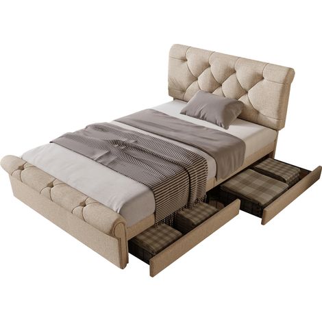 Lit simple rembourré 90x200 cm avec 2 tiroirs, tête de lit réglable et matelas à ressorts ensachés, style Chesterfield, teinte bois clair  CHICFURN (1/5)