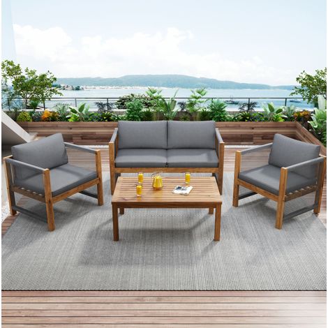 Tumbonas de jardín en acacia y cuerda gris, conjunto con sofá doble, 2 sillones, mesa y cojines lavables (1/5)