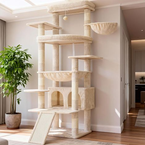 Arbre à Chat XXL de 202 cm avec Plateformes Surdimensionnées, Cabane, Panier et Poteau en Sisal à Gratter, pour Grands Chats, Aménagement Multi-Niveaux, Beige HCT038M (1/3)