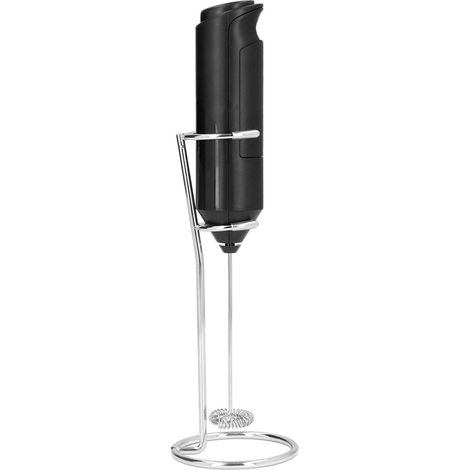 Mousseur à lait électrique portable, acier inoxydable mat, silencieux, mini mélangeur à boissons avec support métallique pour cuisine, noir et support