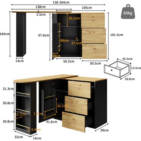 Table de bar extensible avec rangement intégré — Table à manger pivotante à 360° — Unité de bar mobile et moderne — Table haute style bistro pour îlots de cuisine — Buffet avec étagères et finition as
