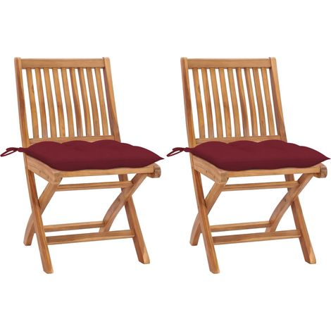 Chaises de jardin lot de 2 coussins rouge bordeaux Teck massif (1/5)