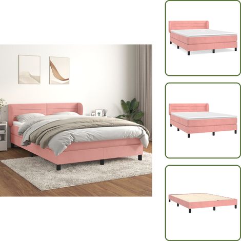 Sommier à lattes de lit avec matelas Rose 140x190 cm Velours - Lit Double - Lit Rose - Lit Velours - Matelas Ressorts Ensachés - Tête De Lit Ajustable (1/5)