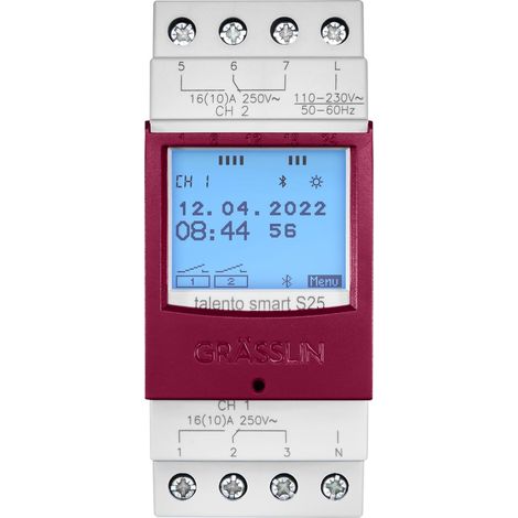 Grässlin 43.04.0001.1 talento smart S25 digitale System-Astro-Zeitschaltuhr, erweiterbar auf 8 Kanäle (CE2), LAN-Erweiterung möglich, Hutschiene, Bluetooth/App, 2 Kanäle, Astro-/Wochen-/Jahresprogramm (1/5)