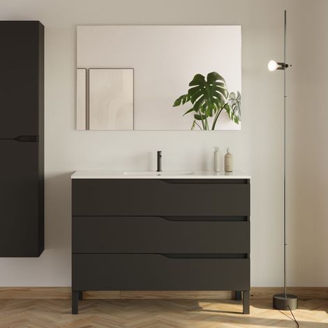 Meuble de salle de bain 100cm simple vasque - 3 tiroirs - noir - MATA (1/5)