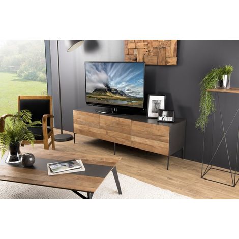 MAXENCE - Meuble TV 2 portes 1 tiroir bois Teck recyclé et pieds gris (1/5)