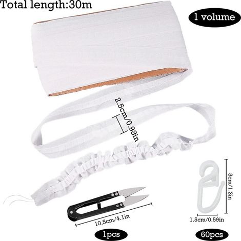Ruban adhésif textile de 30 mètres, lot de 60 ciseaux à poulie, crochets élastiques de 2,5 cm, accessoires pour rideaux à faire soi-même