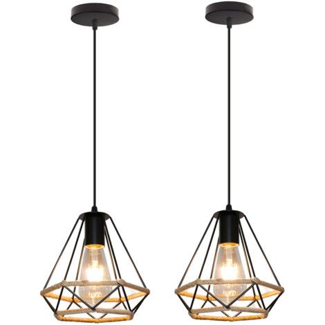 royaluxe- (2PCS) Lustre Rétro En Diamant Noir, Lampe À Suspension En Corde De Chanvre 20CM Plafonnier D'Intérieur Pour Chambre À Coucher Loft