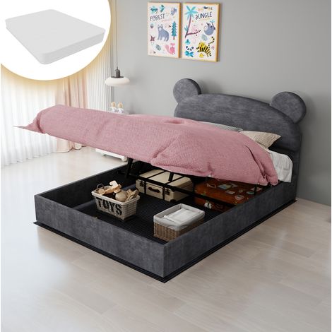 Cama infantil tapizada moderna de terciopelo gris 140x200 cm con cabecero de orejas redondas, arcón elevable y colchón incluido (1/5)