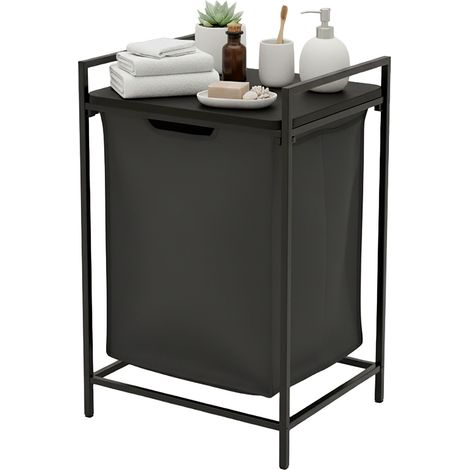 Relaxdays laundry bin with shelf, H x W x D: 72 x 50 x 33 cm, portable, 65 litre removable liner, black