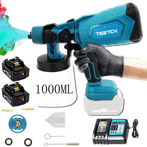 Akku Farbsprühsystem Set Elektrische Farbspritzpistole Farbspritzgerät Lackierpistole 1000ml 18V LXT +2x5.5A Akku+DC18RC Ladegerät ,Kompatibel mit Makita-Akku