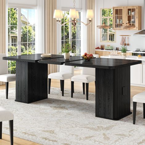 Table à manger extensible 140x80 cm jusqu' à 180x80 cm, rallonge intégrée, rangements latéraux avec etagéres, piètement métallique, MDF+Metal, noir (1/5)