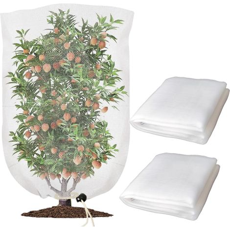 Lot de 2 sacs filets de jardin de 1 m x 1,3 m avec cordon de serrage, en maille botanique, protégeant les arbres fruitiers et potagers des insectes et des oiseaux. (1/4)