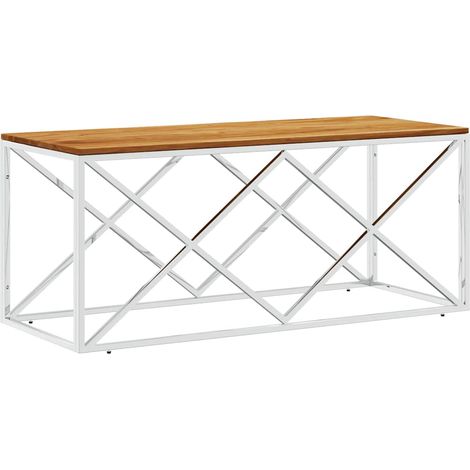 vidaXL Mesa de centro acero inoxidable y madera maciza de acacia (1/2)