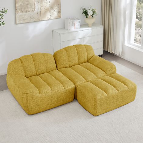 Canapé modulaire 2 places, Canapé d'angle en L sans cadre, forme de coque, 1 pouf, coussins d'assise profonds, aucun assemblage requis, velours, Jaune (1/5)