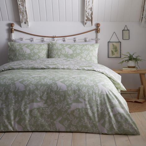 Housse de Couette Motif Lapin printanier Vert Sauge Lit Simple 135 x 200 cm Design réversible Entretien Facile 1 taie d'oreiller Parure de lit Blanche avec Fleurs (1/5)