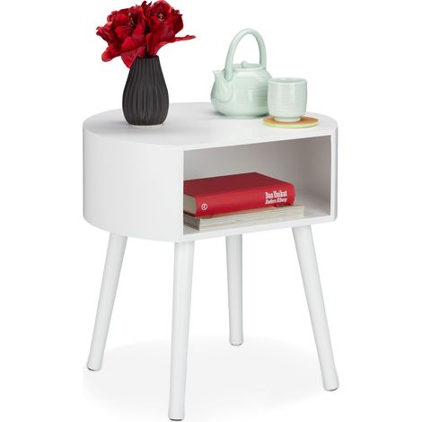 Relaxdays Mesa Auxiliar Redonda, Mesita de Noche con Compartimento Abierto, DM-Madera, 1 Ud., 47,5 x 46 x 40 cm, Blanco