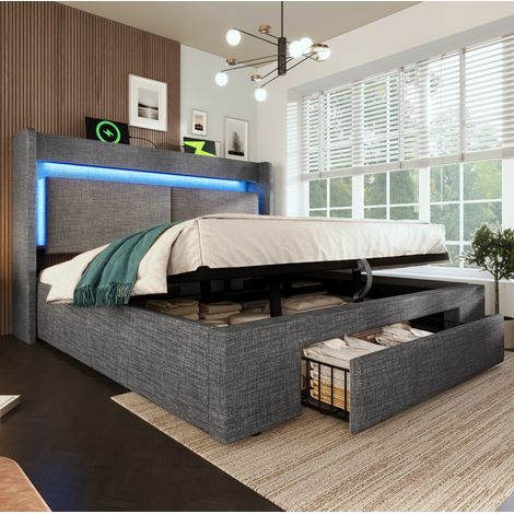 Bett Doppelbett Stauraum 180x200 LED Grau HAVRYA (1/5)
