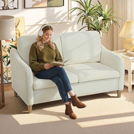 Canapé 2 places, canapé de salon en tissu bouclette avec coussins inclus, assise rembourrée, crème, 137 x 69 x 82 centimètres