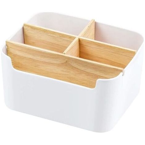 Organiseur de bureau, porte-stylo en bois rangement de bureau support de télécommande en bois boîte multifonctionn ensemble accessoires de bureau en bambou pour crayon note, blanc (1/4)