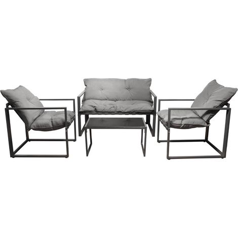 Altobuy – Salon de jardin 4 pièces – Structure acier époxy gris – Table basse verre teinté – Fauteuils 2 places et 1 place (1/3)