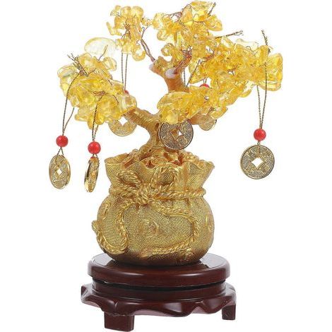 arbre à argent en cristal naturel de 19 cm, ornement de style bonsaï, symbole de richesse et de chance selon le Feng Shui, décoration intérieure (avec pièces d'or et socle)-19.00X9.00X8.50CM (1/4)