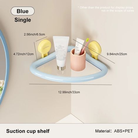 (bleu) Étagère triangulaire murale à ventouses, sans perforation, pour ranger le gel douche et la dopamine. Organisateur de gel douche pour salle de bain. (1/5)