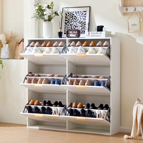 Meuble à chaussures en MDF et panneaux de particules blanc, 6 abattants, tablettes réglables, 118 x 25 x 115 cm (1/5)