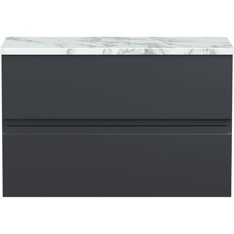 Hudson Reed Urban Wall Hung 2-Drawer Vanity Unit with Carrera Marble Worktop 800mm Wide - Satin Anthracite (1/4)
