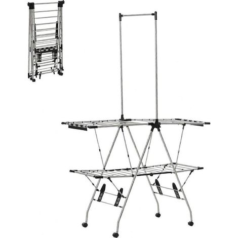 Étendoir à linge pliable à roulettes, grand séchoir mobile en acier inoxydable et PP, 35 kg, noir et argent, pour intérieur et petits espaces – CHICFURN (1/5)