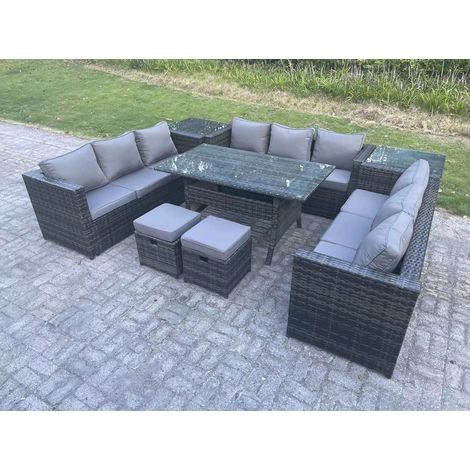 Fimous Outdoor PE Wicker Garden Furniture Rattan Lounge Sofa Set Patio Rectangular Dining Table with 2 Small Footstool 2 Side Table 11 Seater Dark Grey Mixed (1/5)