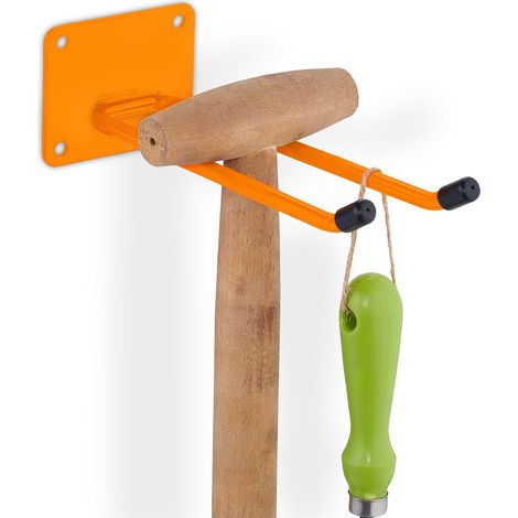 Relaxdays Appliance Holder, Garden Tools, Garage, Wall Mounted, Double, Long Hooks, Basement, 24cm Length, Steel, Orange